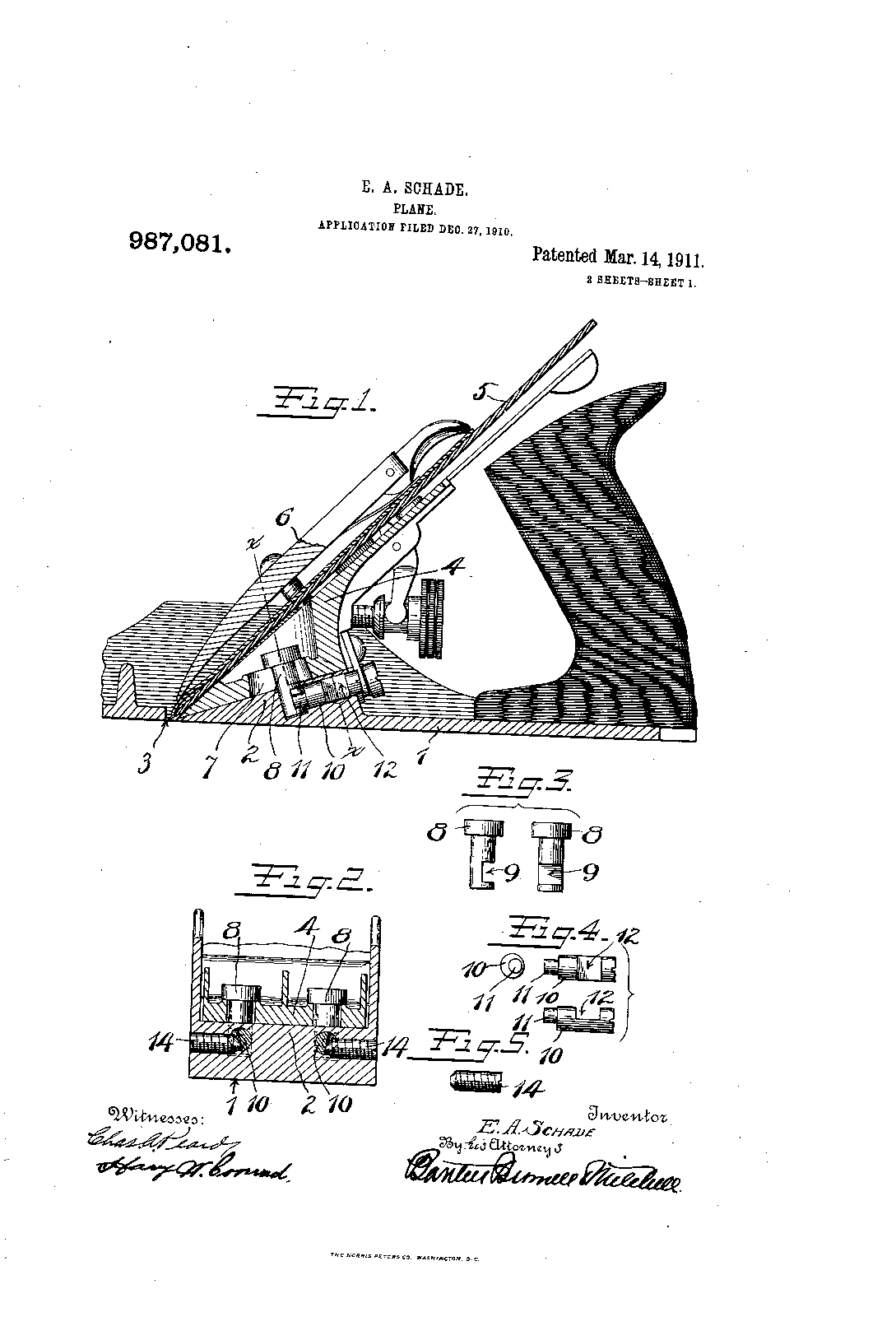 Edmund Schade US patent 987,081 (1911) drawing showing the pins-and-clamping-screws frog attachment