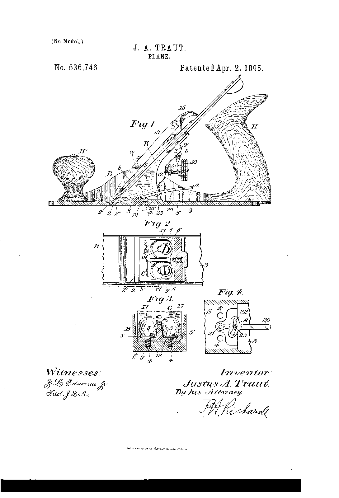 Justus Traut US patent 536,746 (1895) drawing showing the inclined full-length frog seat of the Bed Rock plane